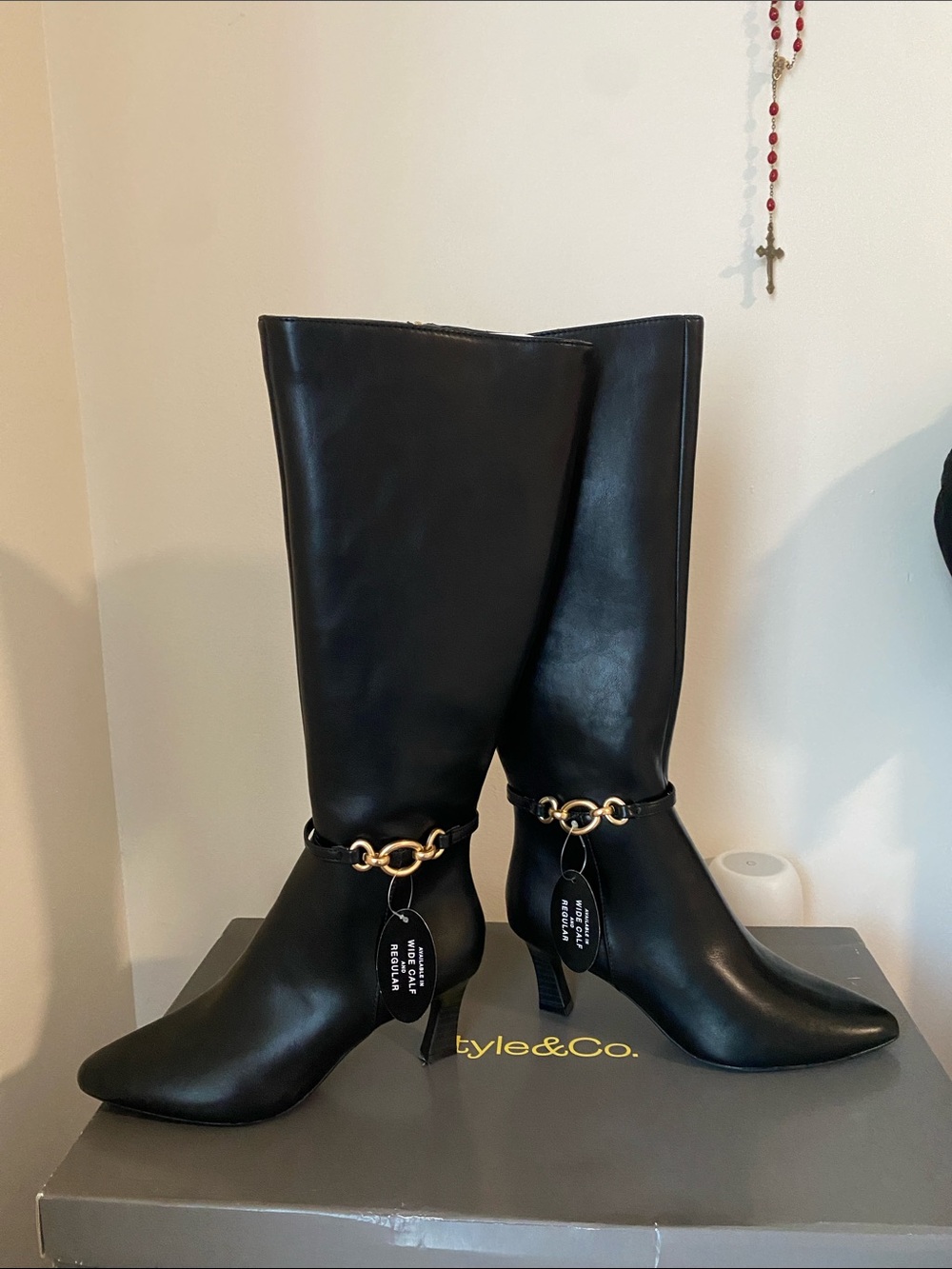 Style & Co. Black Knee-High Boots with Gold Chain Accent